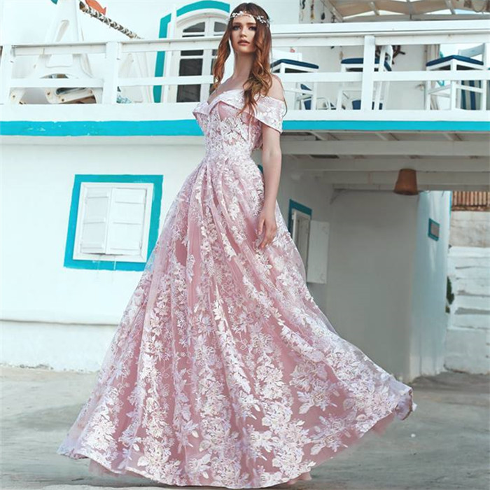 A-line Off-the-shoulder Sleeveless Floor-length Formal Dress With Lace 2