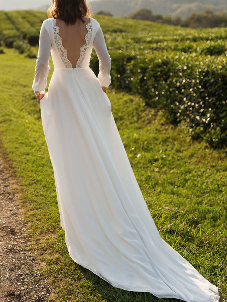 A-line Bateau Neck Long Sleeves Court Train 100D Chiffon Bridal Gown With Lace 5
