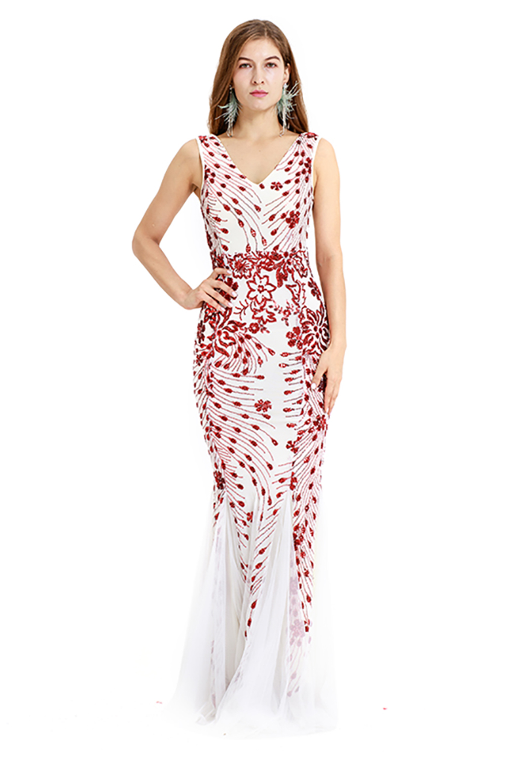 Deep V-neck Mermaid Evening Dress with Ruby Beads 3