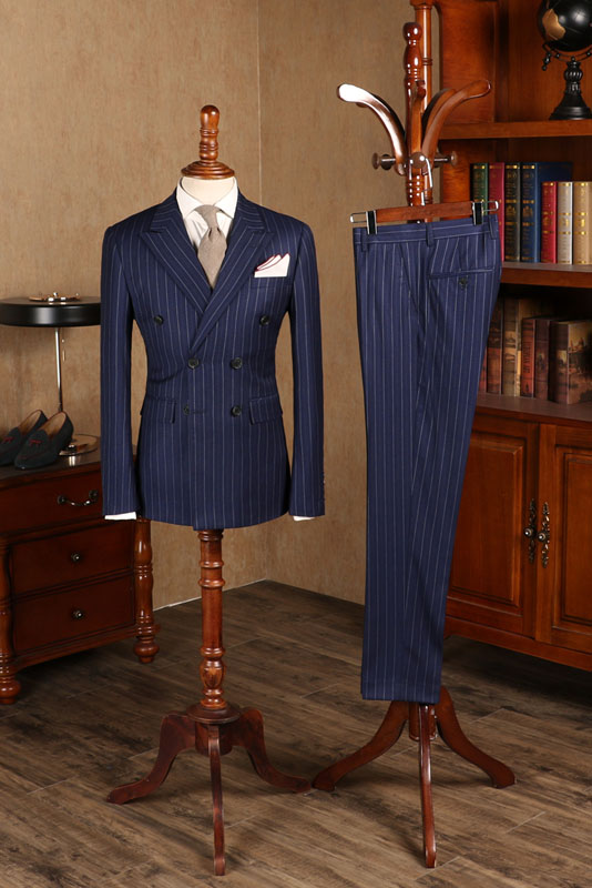 Blue Striped Double Breasted Business Suit For Men 1