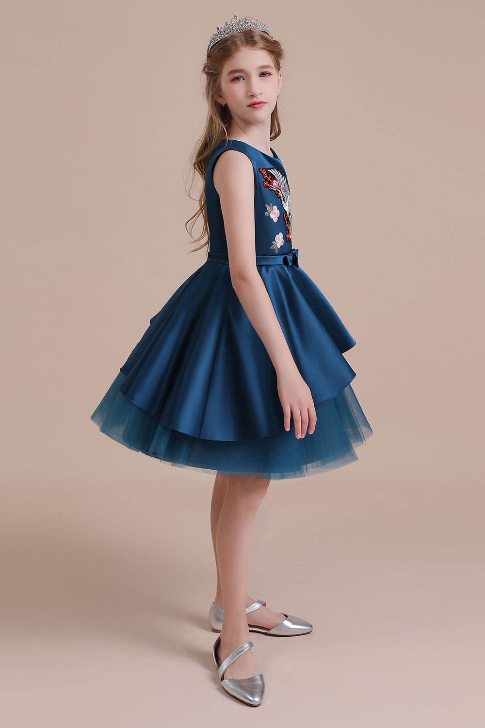 A-line Jewel Neck Sleeveless Knee-length Satin Flower Girl Dress With Embroidery 7