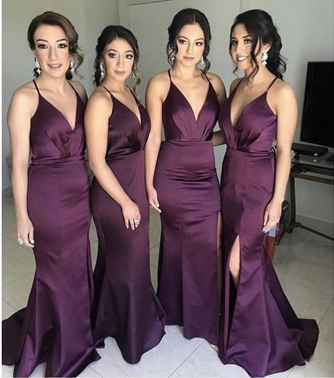 Mermaid V-neck Sleeveless Stretch Satin Bridesmaid Dress With Sweep / Brush Train 2