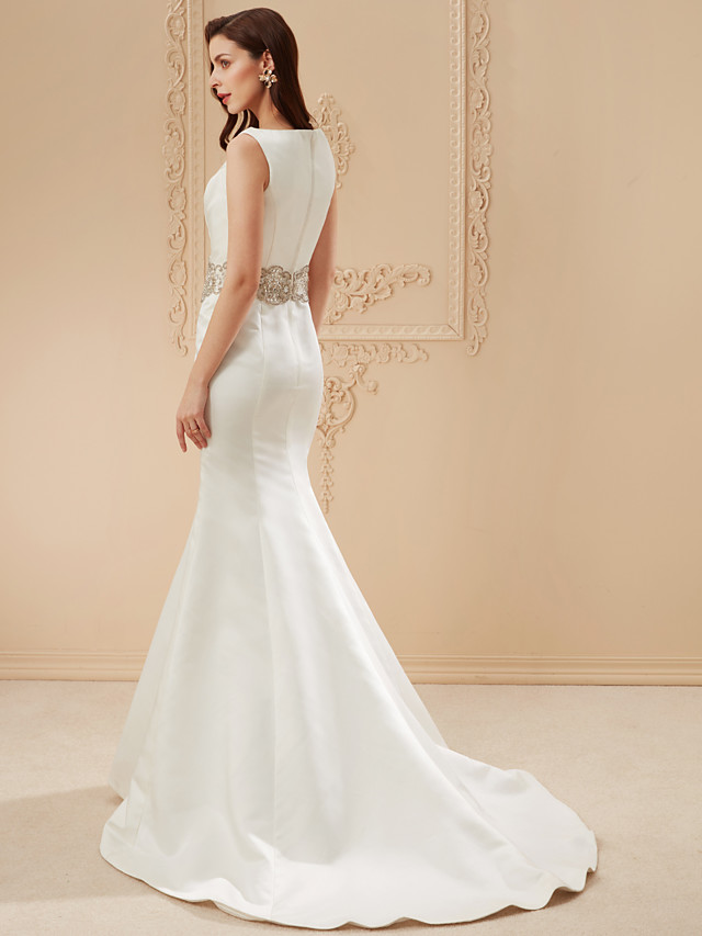 Mermaid Straps Bateau Neck Cathedral Train Tulle Wedding Gown With Beading 11