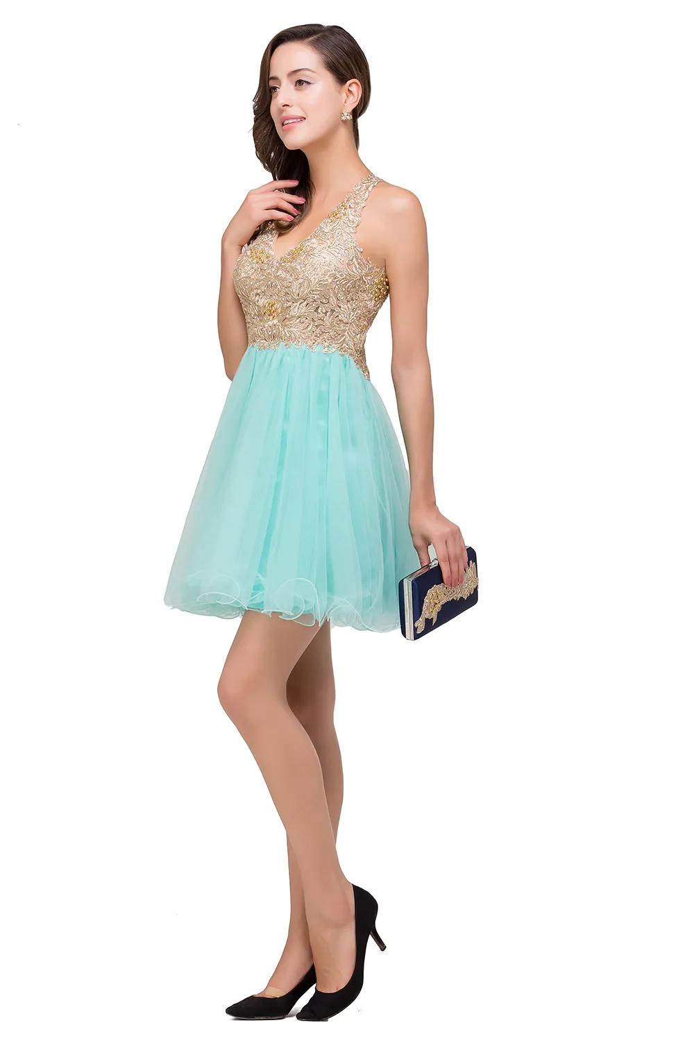 A-line Halter-neck Sleeveless Mini Organza Prom Dress With Appliques 8