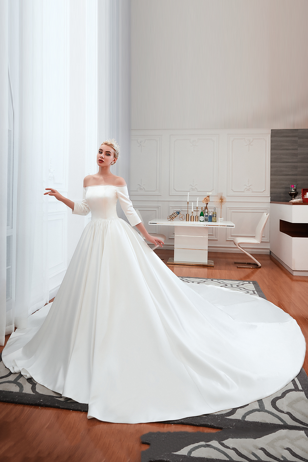 Ball Gown Bateau Neck 3/4-Length Sleeves Floor-length Tulle Wedding Gown With Cathedral Train 3