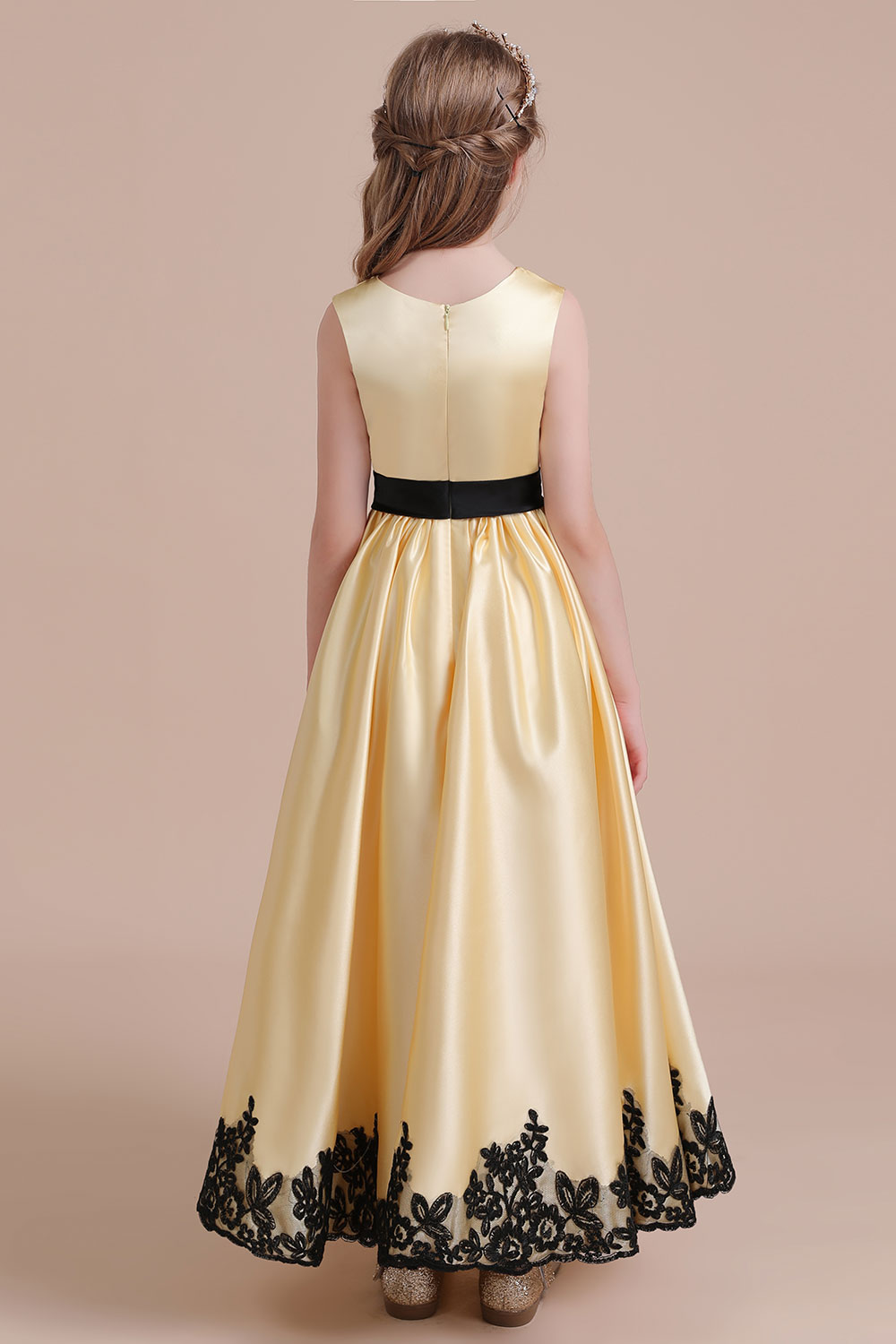 A-line Jewel Neck Sleeveless Ankle-length Satin Flower Girl Dress With Appliques 7