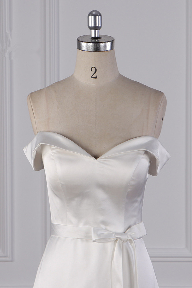 A-line Off-the-shoulder Sweetheart Neck Floor-length Satin Bridal Attire With Split Front 4