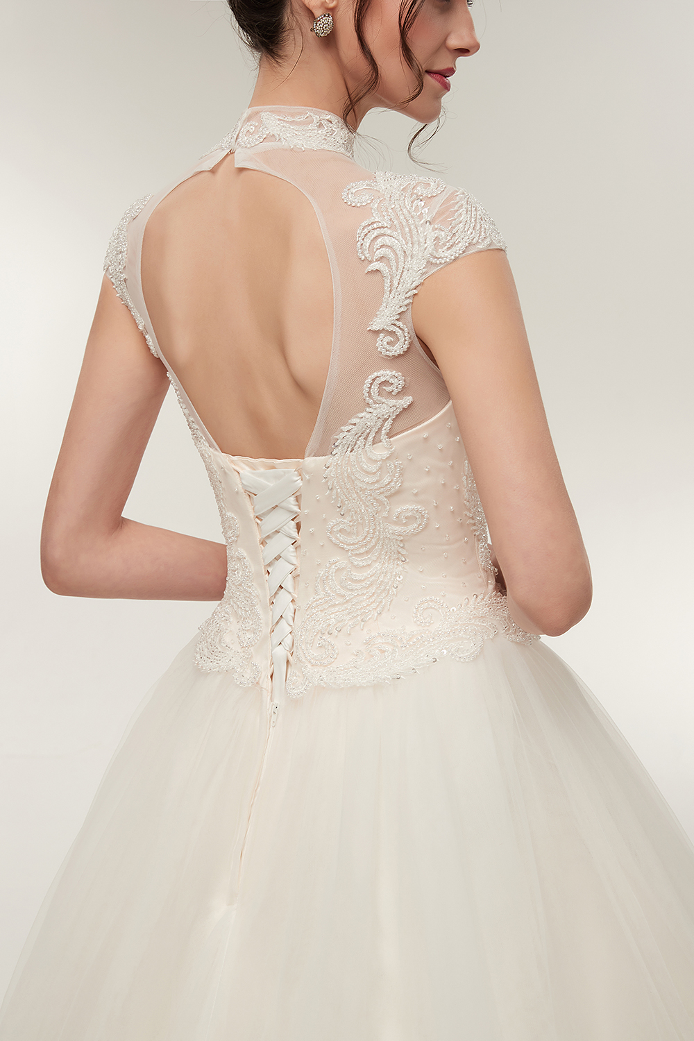 High Neck Short Sleeves Floor-length Lace Bridal Gown With Ruched 9