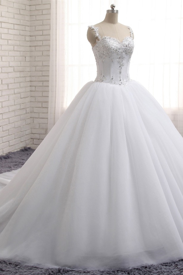 A-line Straps Sleeveless Court Train Tulle Wedding Dress With Appliques 3