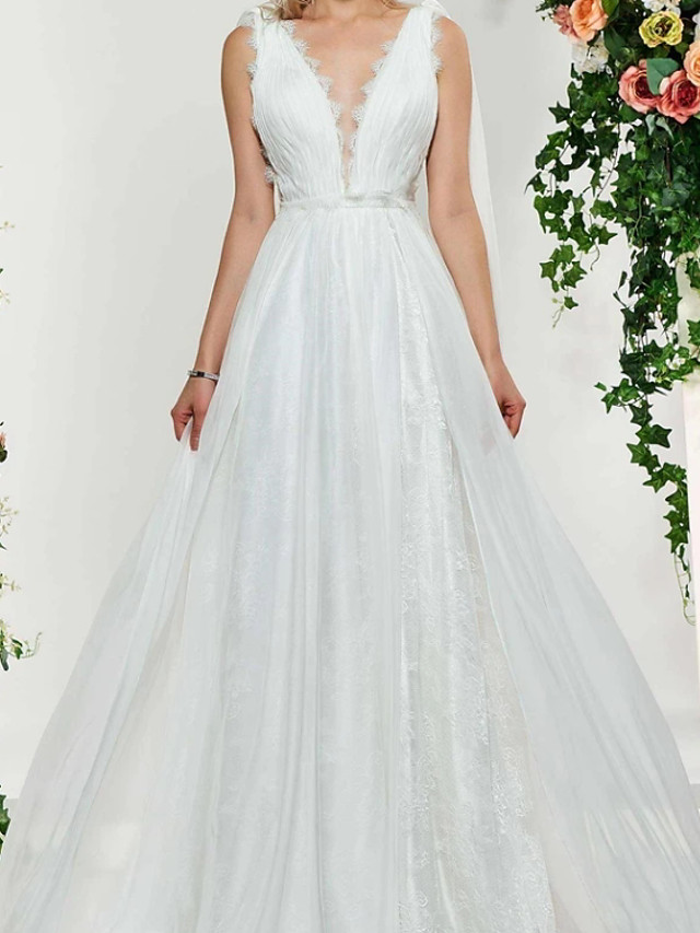 A-line V-neck Sleeveless Sweep / Brush Train Lace Bridal Gown With Buttons 3
