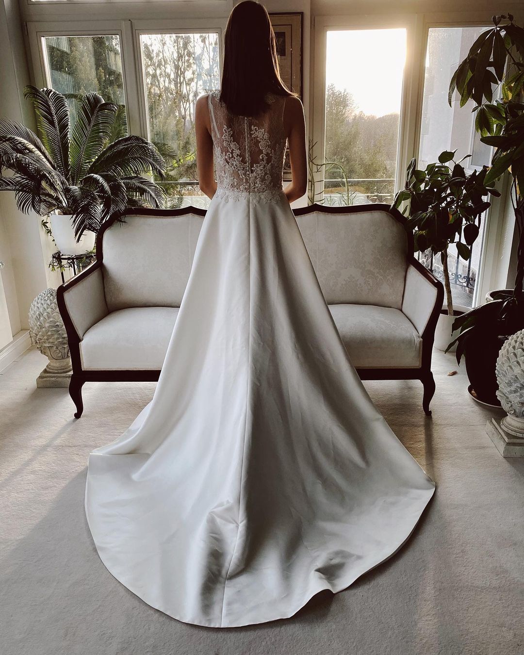 A-line Jewel Neck Sleeveless Court Train Satin Wedding Gown With Lace 2