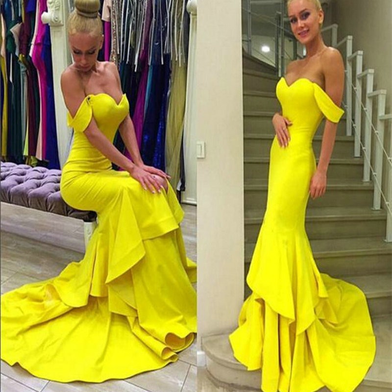 Mermaid Off-the-shoulder Cap Sleeves Sweep / Brush Train Formal Dress With Tiered 2