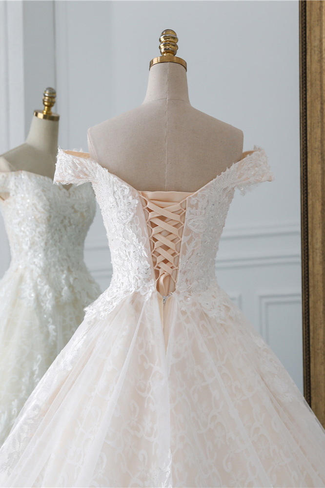 A-line Off-the-shoulder Sweetheart Neck Floor-length Tulle Wedding Dress With Lace 6