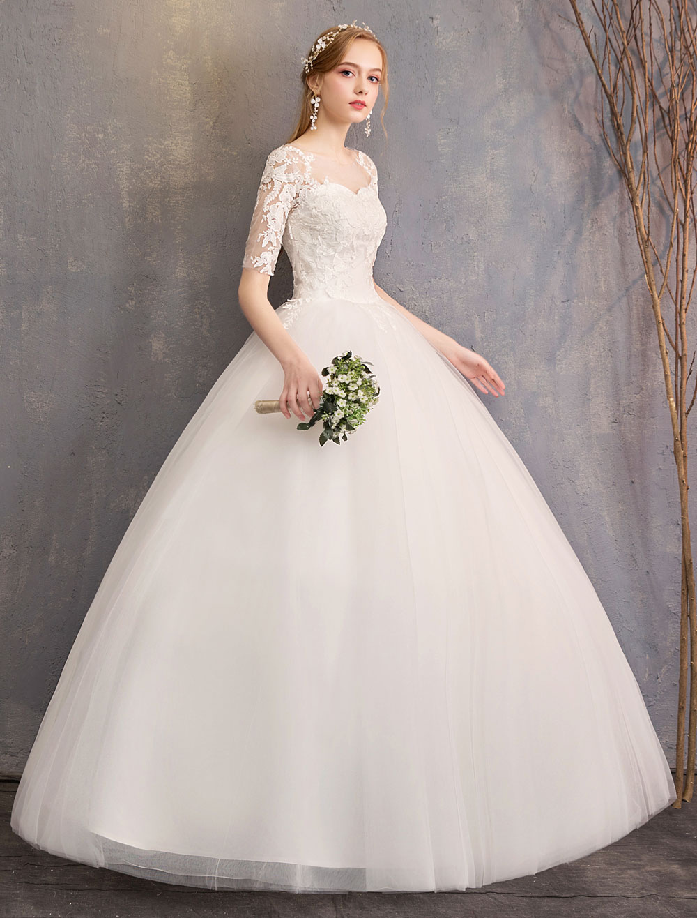 Half-Sleeves Floor-length Lace Wedding Dress With Lace 3