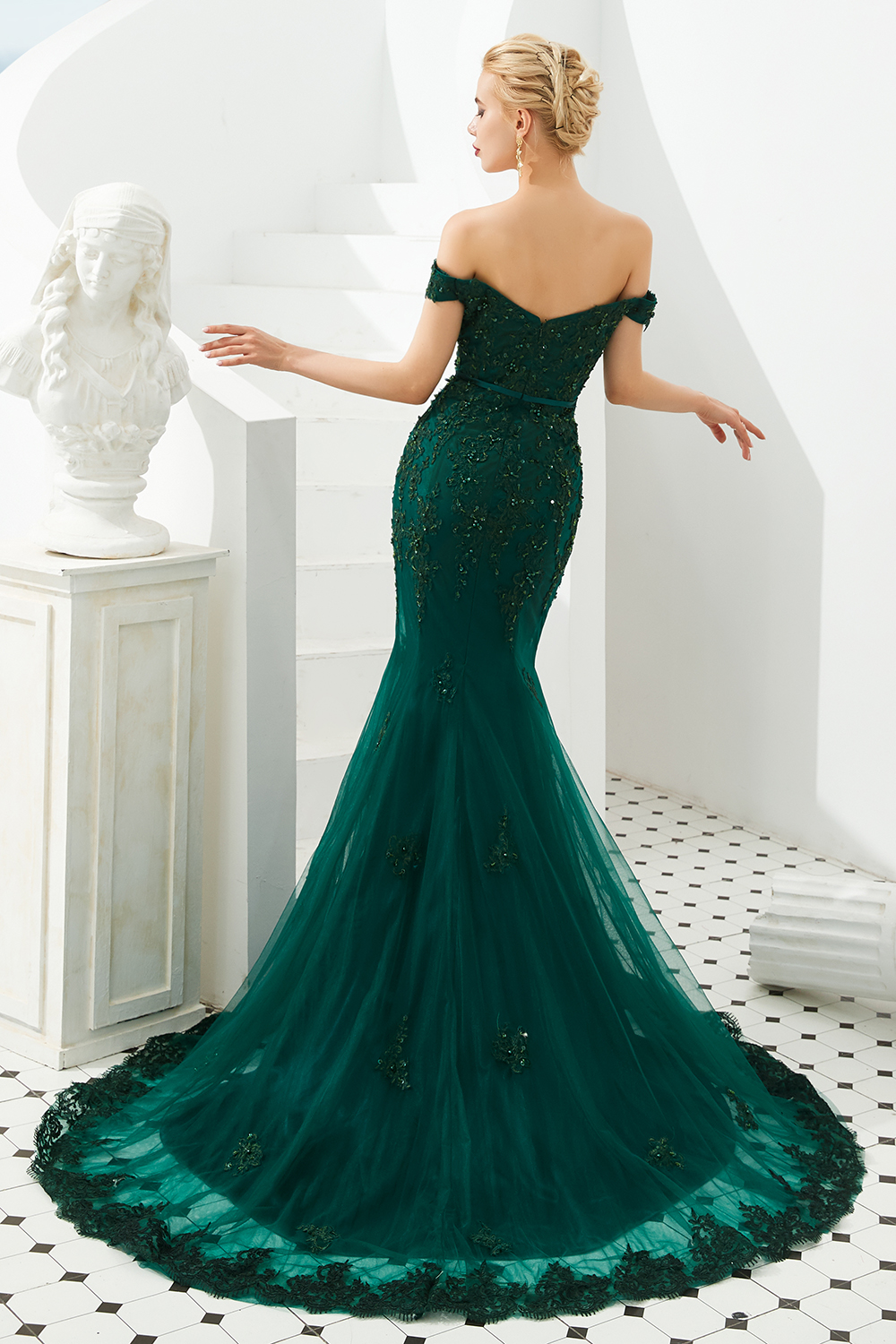 Mermaid Off-the-shoulder Cap Sleeves Chapel Train Tulle Formal Dress With Lace 6
