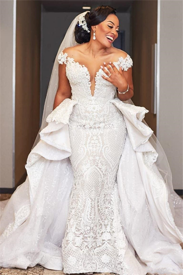 Mermaid Off-the-shoulder Sleeveless Sweep / Brush Train Wedding Gown With Appliques 1