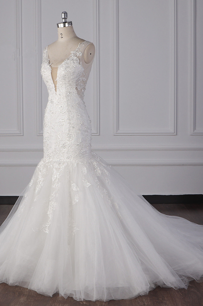 Mermaid Straps V-neck Sleeveless Floor-length Tulle Bridal Dress With Lace 3