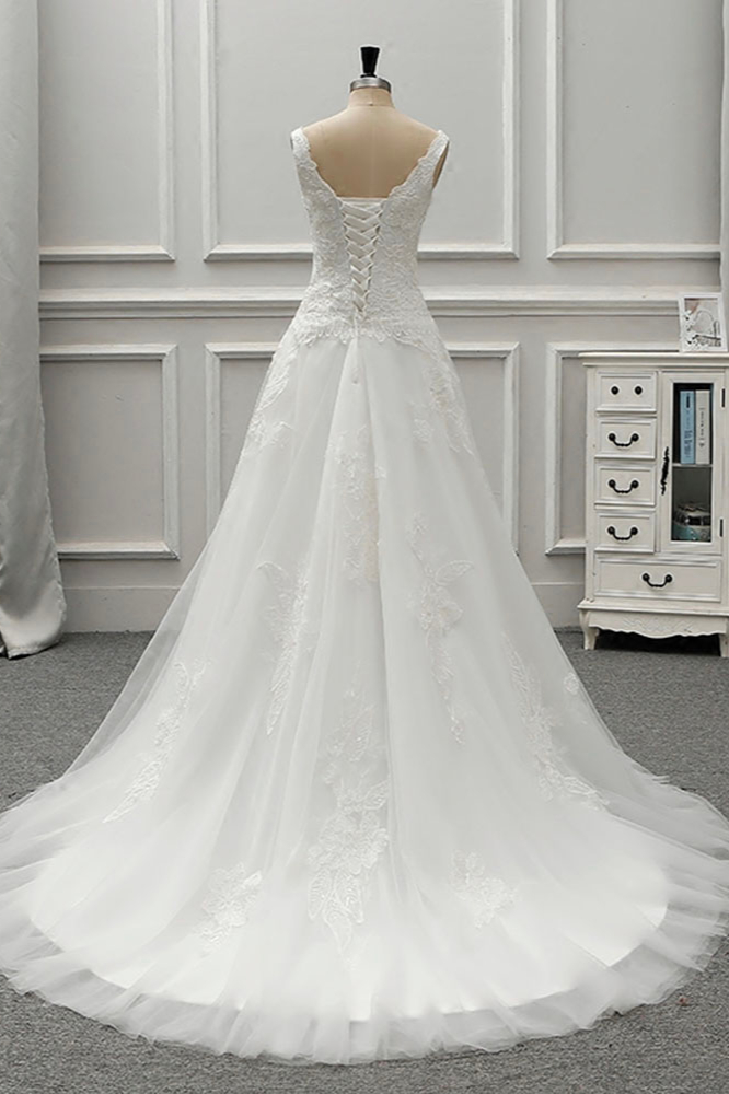A-line Straps Jewel Neck Sleeveless Floor-length Tulle Wedding Gown With Chapel Train 2