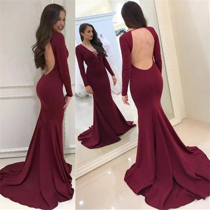 Burgundy Long Sleeves Evening Dresses Backless Mermaid V-Neck Prom Dresses -  and 2
