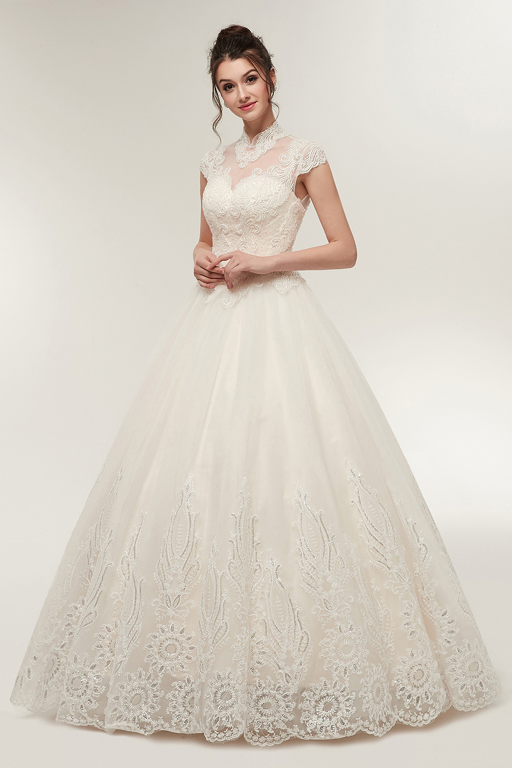 High Neck Short Sleeves Floor-length Lace Bridal Gown With Ruched 4
