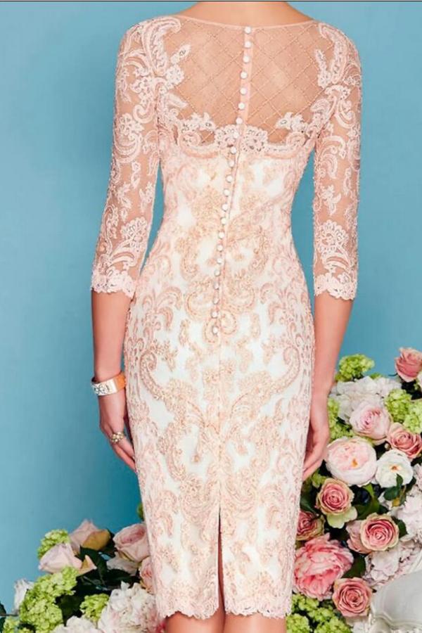 Knee Length Two Piece Sheath / Column Mother of the Bride Dress with Chiffon Lace and 3/4 Length Sleeve 3
