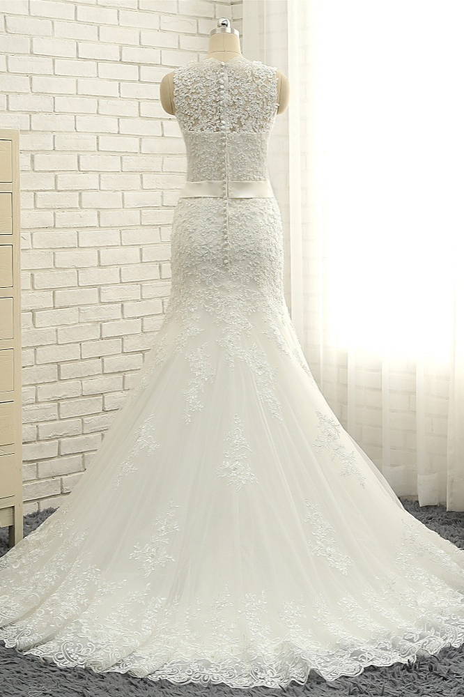 Mermaid Jewel Neck Sleeveless Court Train Wedding Gown With Lace 2