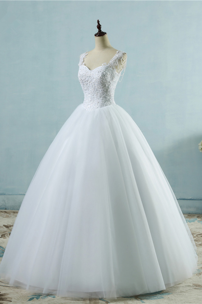A-line Straps Floor-length Tulle Bridal Gown With Appliques 3