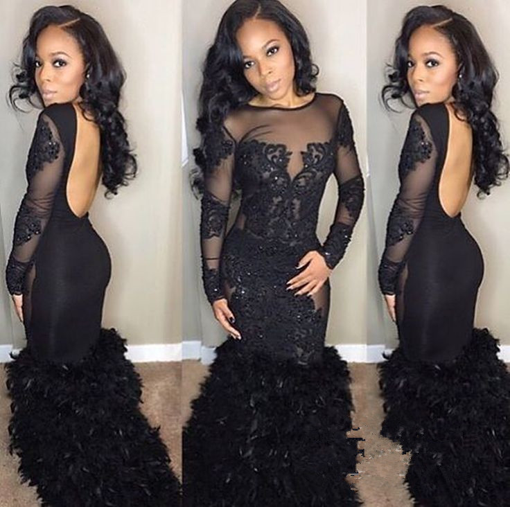 Black Mermaid Prom Dress with Long Sleeves and Lace 2