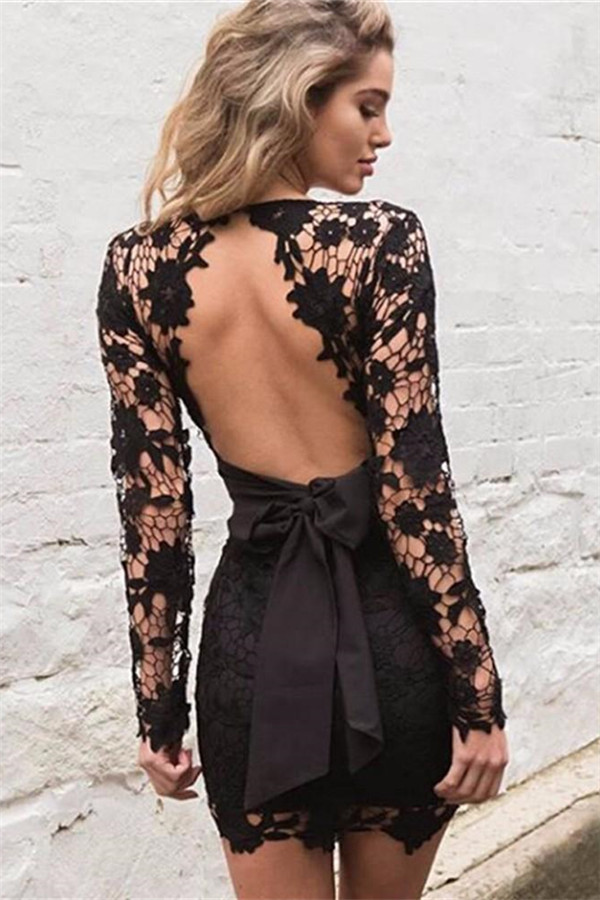 Column V-neck Mini Cocktail Party Gown With Lace 2