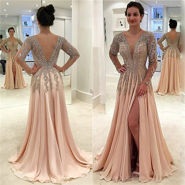 A-line V-neck Floor-length 100D Chiffon Formal Dress With Crystal 2