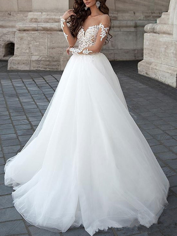 Ball Gown Sweetheart Neck Long Sleeves Court Train Lace Bridal Gown With Lace 2