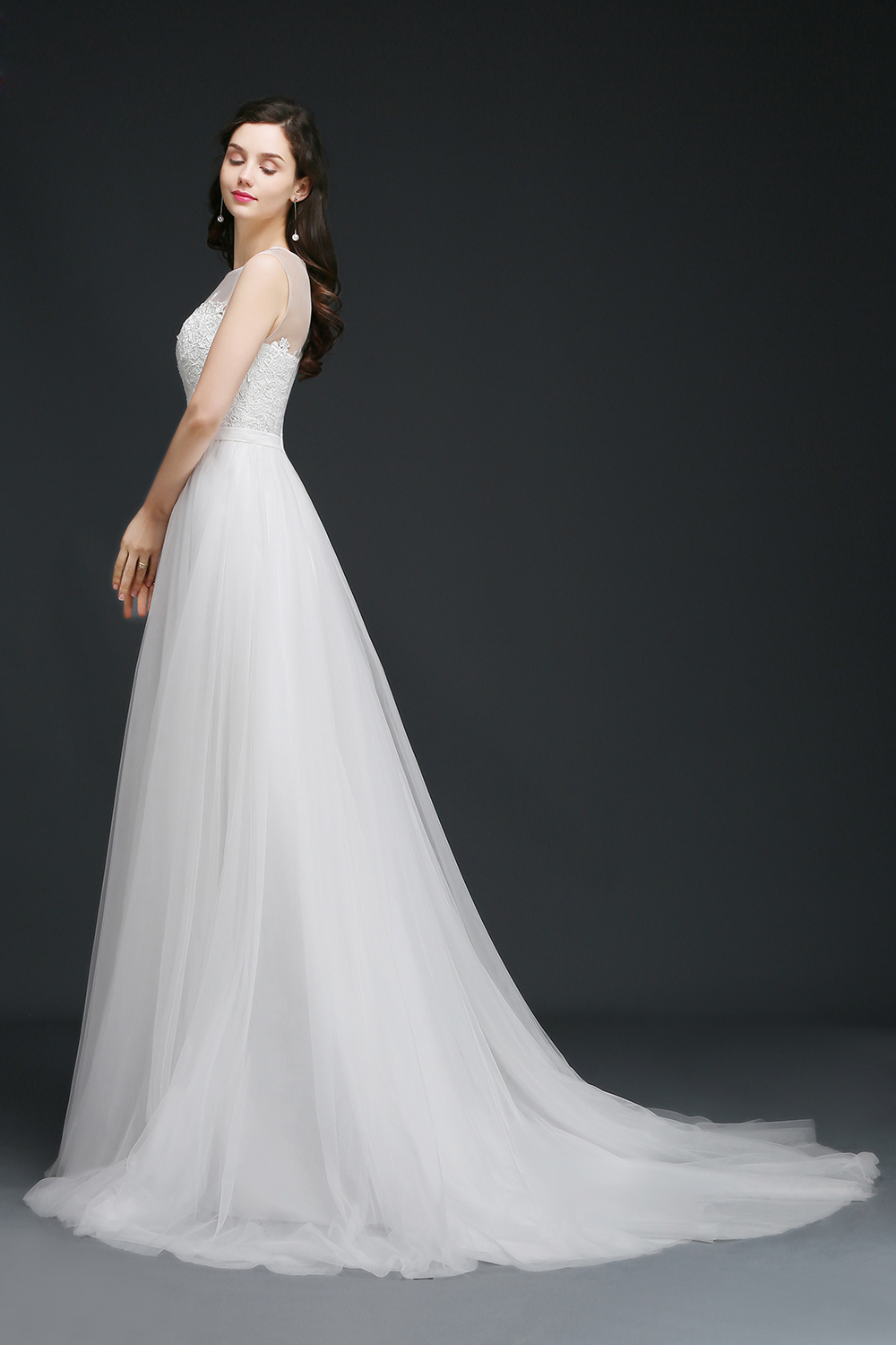 A-line Jewel Neck Sleeveless Court Train Tulle Bridal Gown With Lace 2
