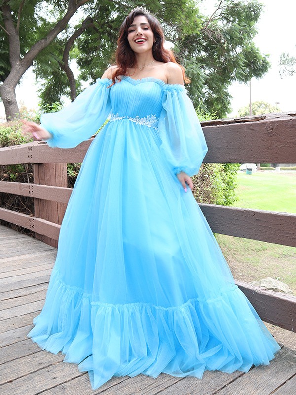 A-line Off-the-shoulder Long Sleeves Floor-length 100D Chiffon Evening Gown With Appliques 4