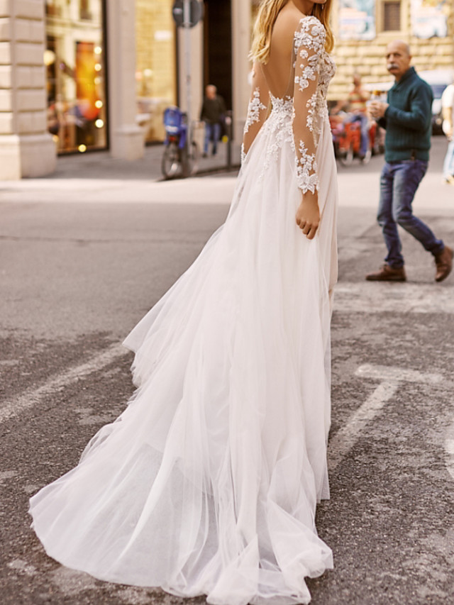 A-line V-neck Long Sleeves Floor-length Tulle Wedding Gown With Lace 2