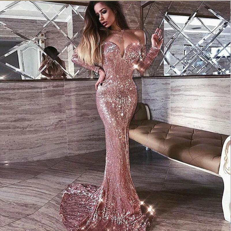 Mermaid Off-the-shoulder Sleeveless Sweep / Brush Train Formal Wear With Sequins 2
