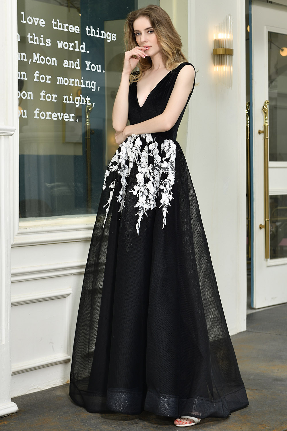 A-line Plunging Neckline Sleeveless Sweep / Brush Train Velvet Evening Dress With Lace 6