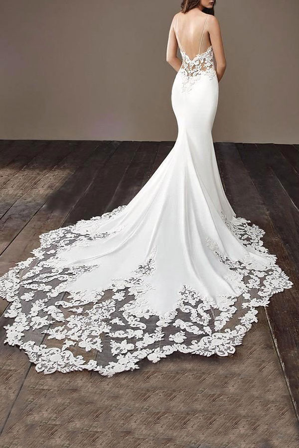 Mermaid Spaghetti Straps V-neck Sleeveless Court Train Tulle Wedding Gown With Lace 9