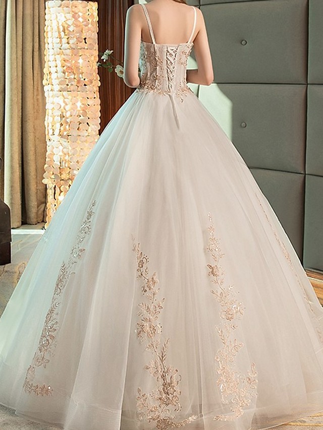 A-line Strapless Sleeveless Floor-length Tulle Bridal Dress With Lace 2