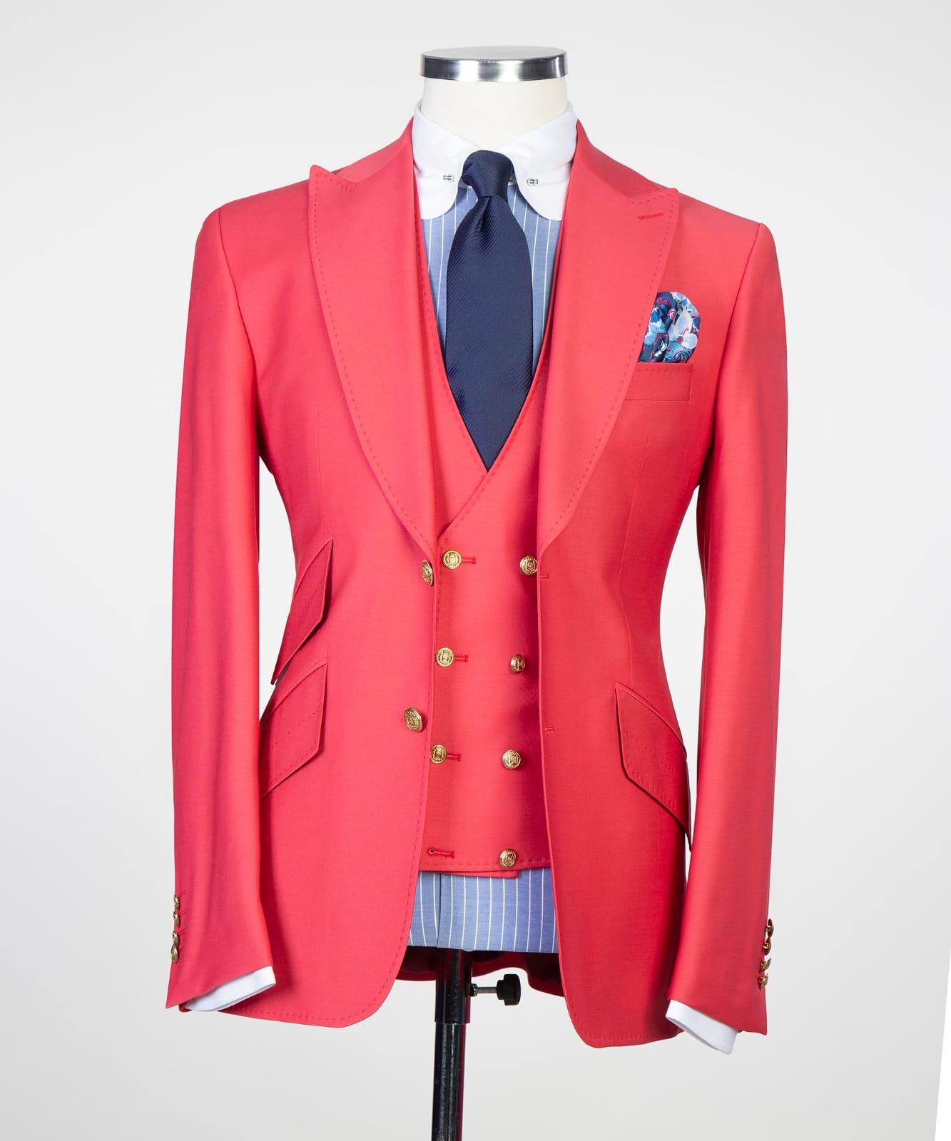 Red Three Pieces Prom Men Suit with Peaked Lapel 4