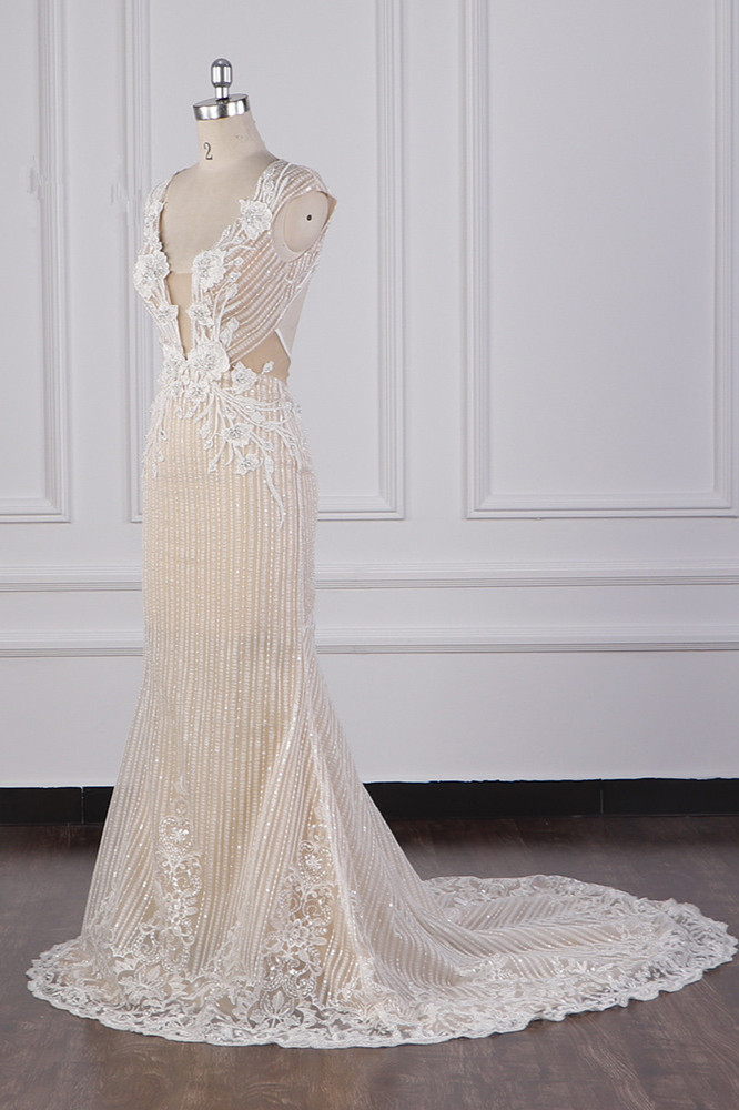 Mermaid V-neck Sleeveless Floor-length Tulle Wedding Gown With Beading 3