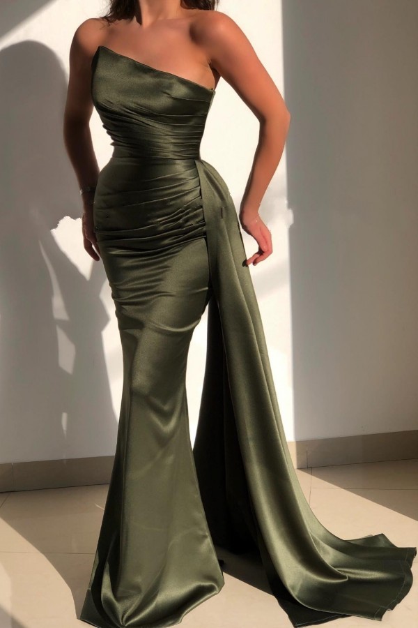 Mermaid Strapless Sleeveless Floor-length Stretch Satin Evening Dress With Ruffles 1