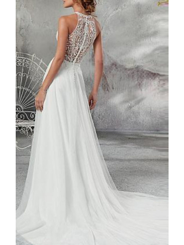 A-line Straps Court Train 100D Chiffon Bridal Gown With Buttons 2