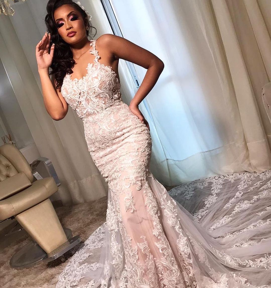 Mermaid Spaghetti Straps Sleeveless Sweep / Brush Train Lace Wedding Gown With Lace 3