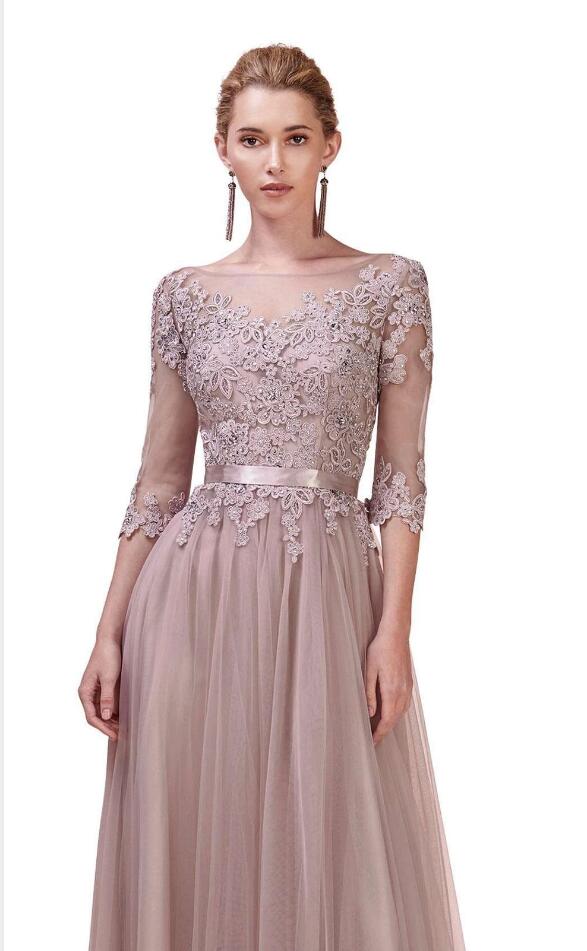 Column V-neck Long Sleeves Floor-length Tulle Evening Dress With Ribbons 2