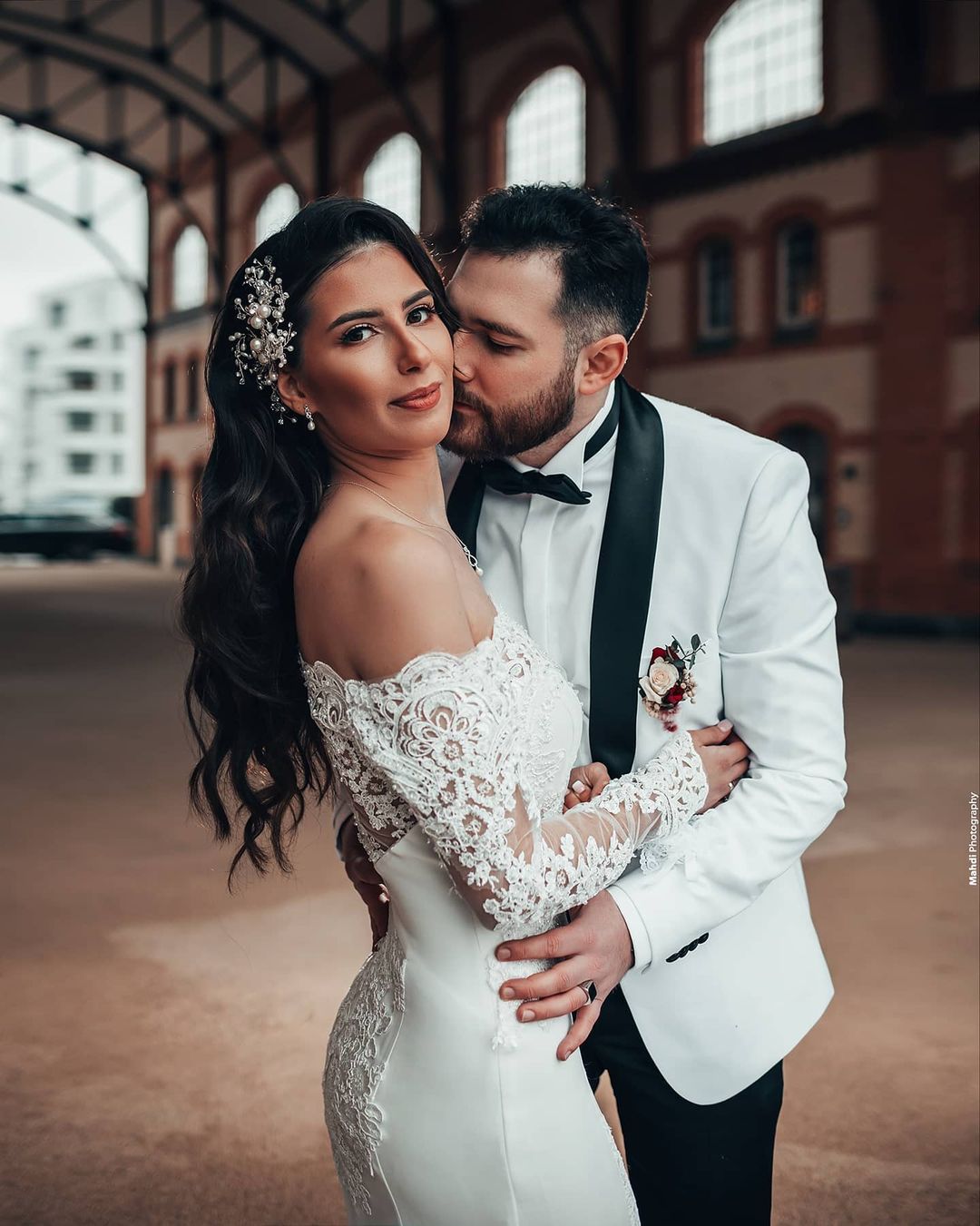 Mermaid Off-the-shoulder Long Sleeves Chapel Train Satin Bridal Gown With Lace 5