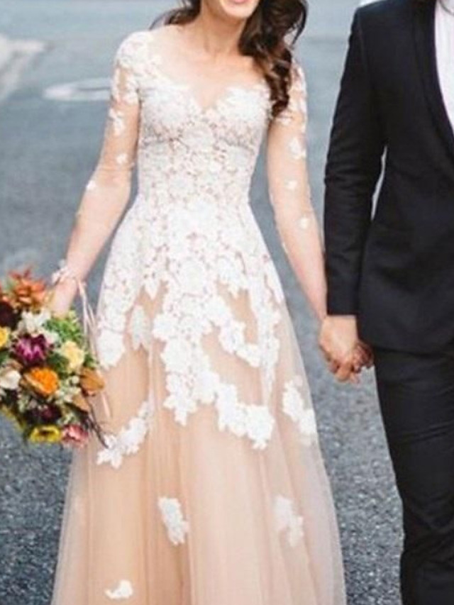 A-line Long Sleeves Sweep / Brush Train Lace Wedding Gown With Buttons 3