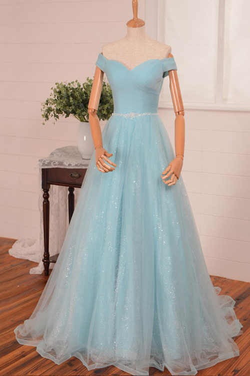 A-line Off-the-shoulder Sleeveless Sweep / Brush Train Tulle Evening Gown With Beading 3