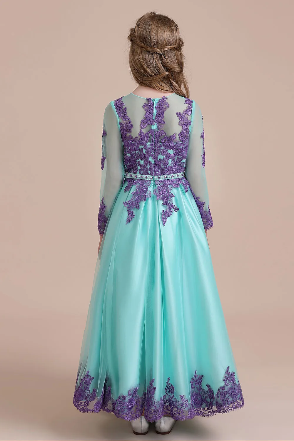 A-line Jewel Neck Long Sleeves Ankle-length Tulle Flower Girl Dress With Rhinestone 2