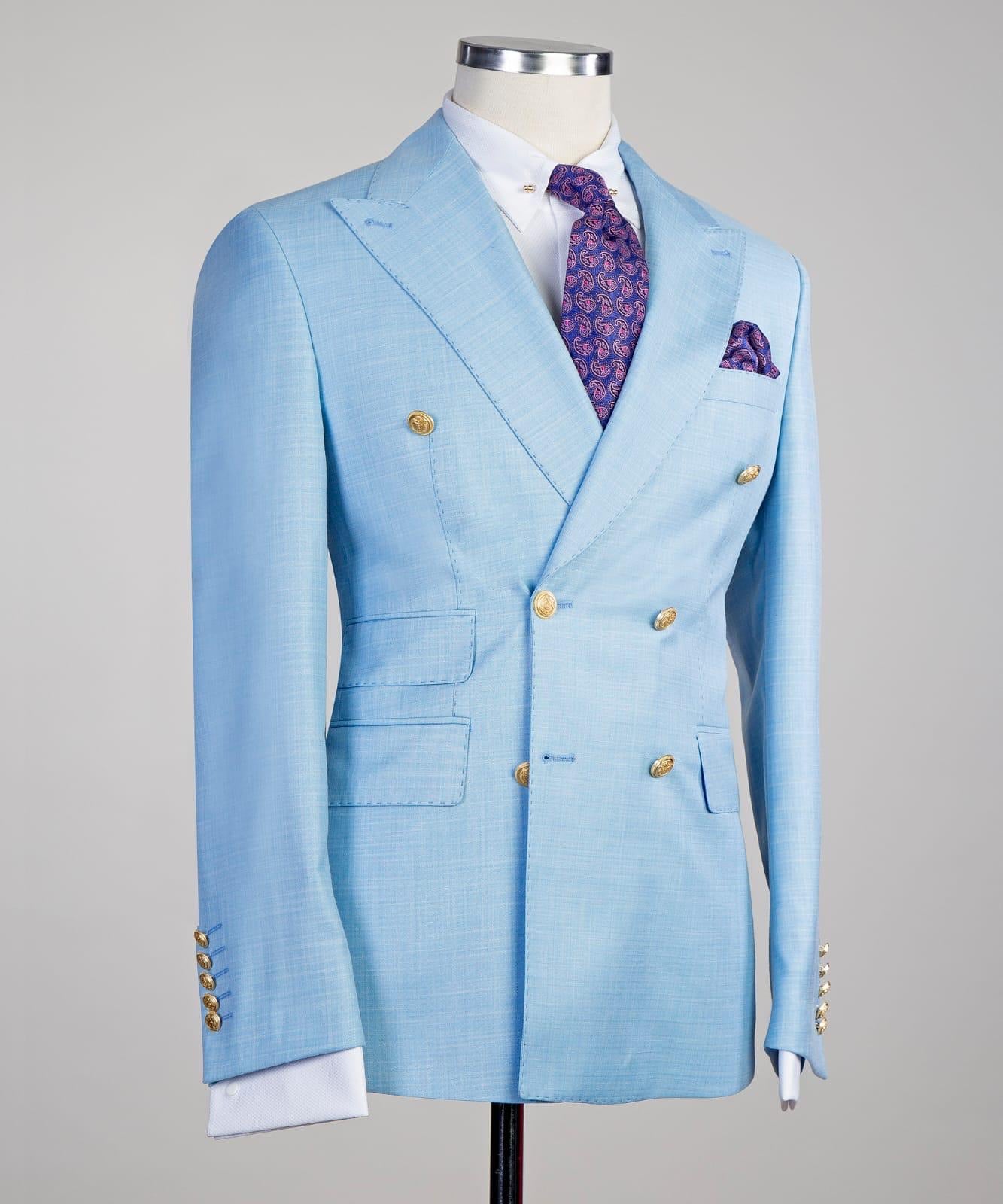 Sky Blue Double Breasted Two Pieces Prom Men Suit with Peaked Lapel 2