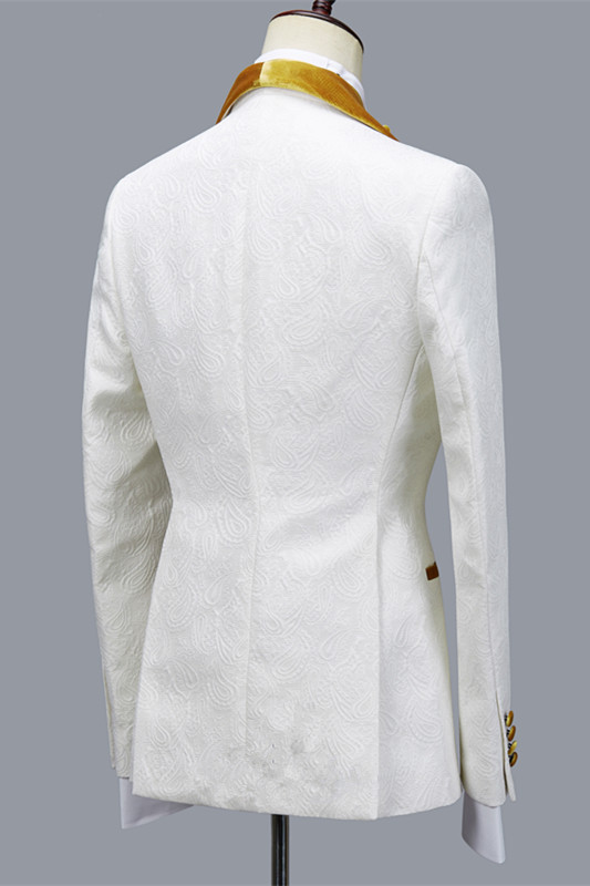 White Jacquard Three Pieces Men's Suit with Velvet Lapel for Wedding 2